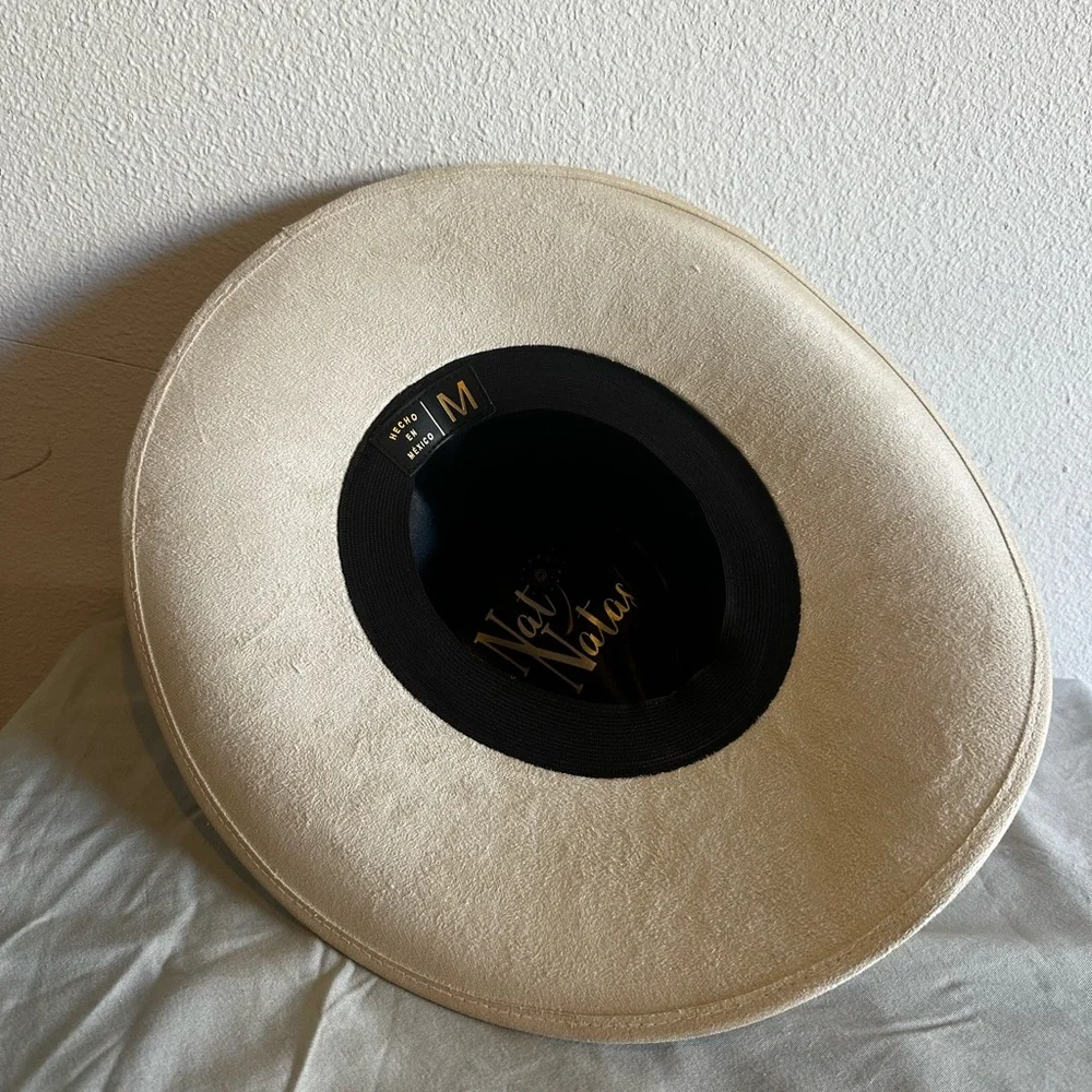 Elegant Cream and Tan Women's Hat with Gold Rings - Picture 4 of 5